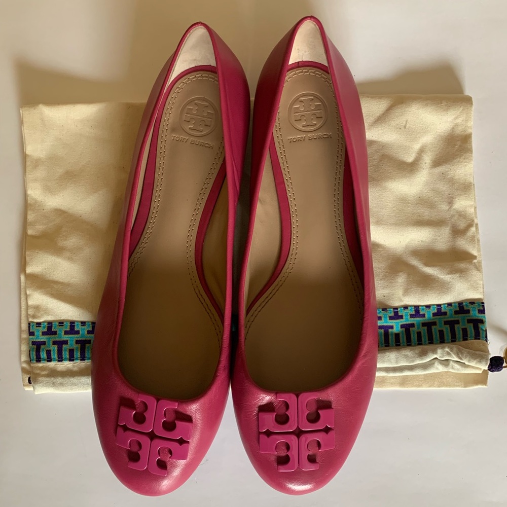 Tory Burch Pink Leather Logo Ballet Flats